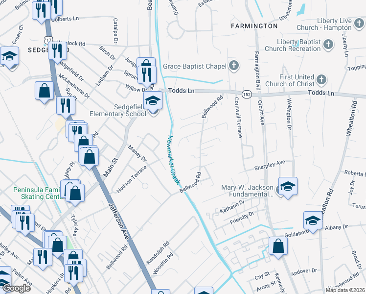 map of restaurants, bars, coffee shops, grocery stores, and more near 6 Rainbow Court in Hampton
