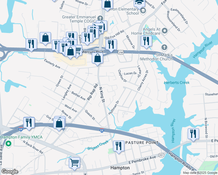map of restaurants, bars, coffee shops, grocery stores, and more near 102 St.George Way in Hampton