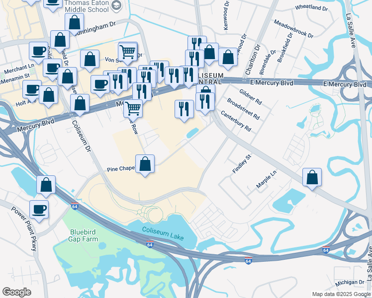 map of restaurants, bars, coffee shops, grocery stores, and more near 204 Pine Chapel Road in Hampton