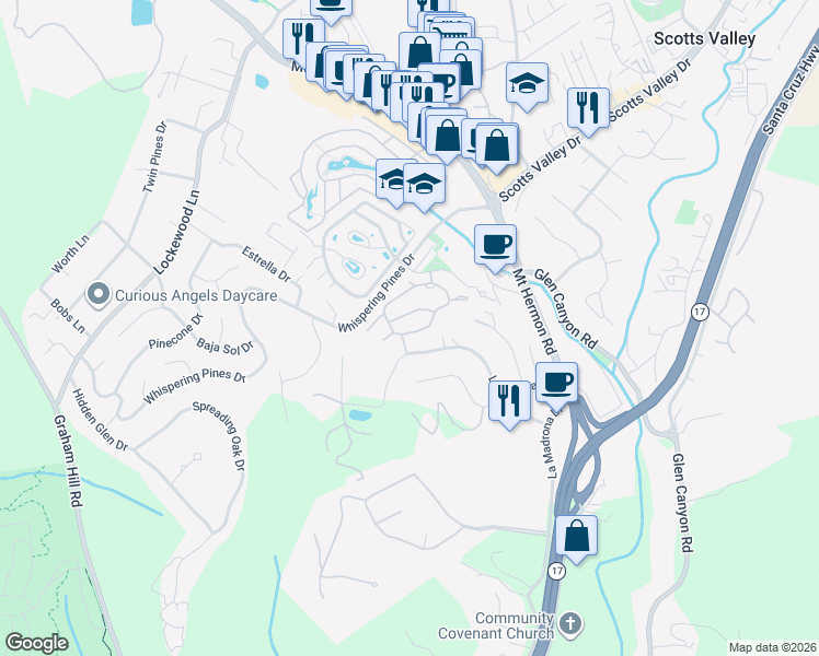 map of restaurants, bars, coffee shops, grocery stores, and more near 123 Arabian Way in Scotts Valley