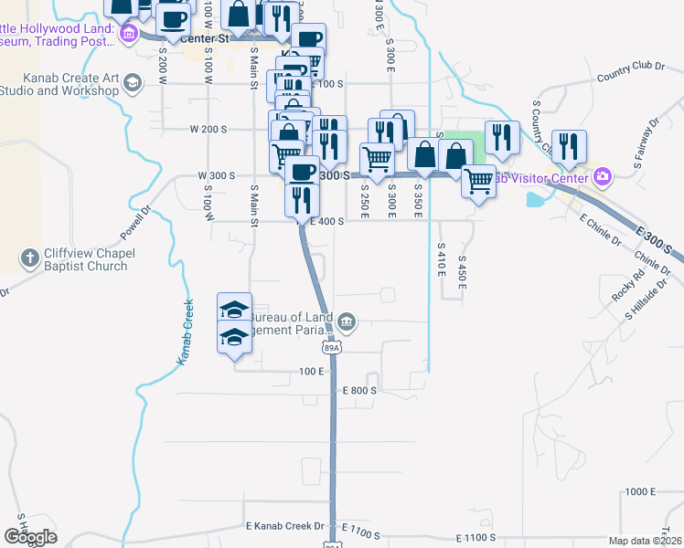 map of restaurants, bars, coffee shops, grocery stores, and more near 633-637 S 175 E in Kanab