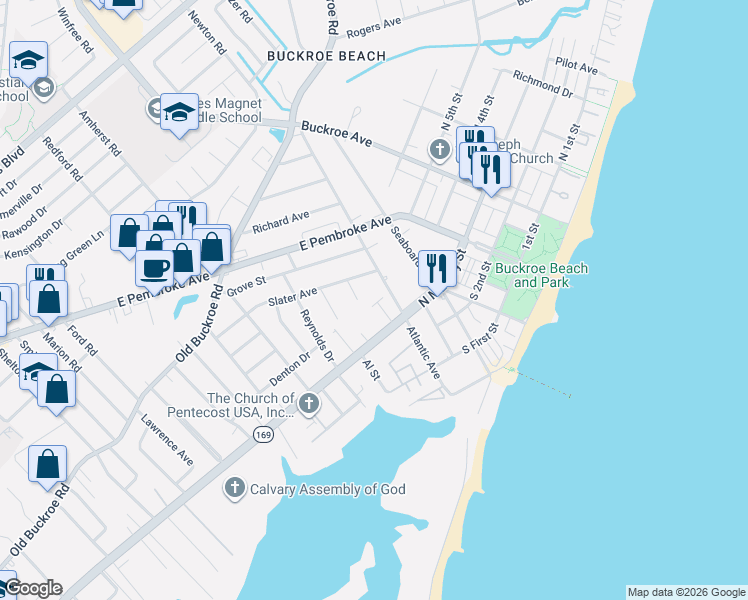 map of restaurants, bars, coffee shops, grocery stores, and more near 319 Atlantic Avenue in Hampton