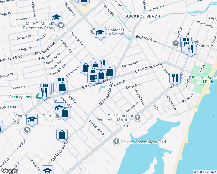 map of restaurants, bars, coffee shops, grocery stores, and more near 1413 Old Buckroe Road in Hampton
