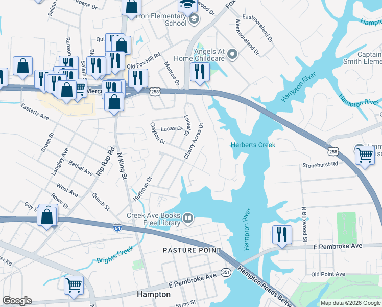 map of restaurants, bars, coffee shops, grocery stores, and more near 49 Cherry Acres Drive in Hampton