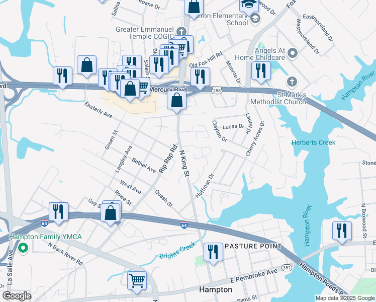 map of restaurants, bars, coffee shops, grocery stores, and more near 102 St.George Way in Hampton