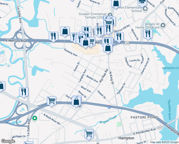 map of restaurants, bars, coffee shops, grocery stores, and more near 1109 Parkside Avenue in Hampton