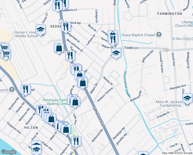 map of restaurants, bars, coffee shops, grocery stores, and more near 301 Maney Drive in Newport News