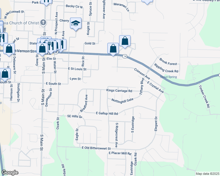 map of restaurants, bars, coffee shops, grocery stores, and more near 701 Kings Carriage Road in Nixa