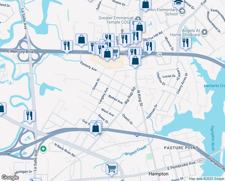 map of restaurants, bars, coffee shops, grocery stores, and more near 1109 Parkside Avenue in Hampton