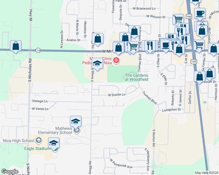 map of restaurants, bars, coffee shops, grocery stores, and more near 910-912 Wesley Avenue in Nixa