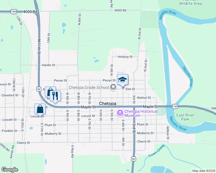 map of restaurants, bars, coffee shops, grocery stores, and more near 314-354 North 5th Street in Chetopa
