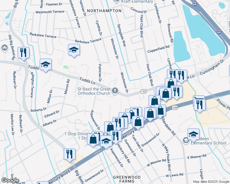 map of restaurants, bars, coffee shops, grocery stores, and more near 1520 Todds Lane in Hampton
