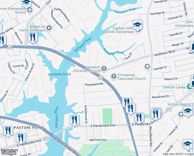 map of restaurants, bars, coffee shops, grocery stores, and more near 158 East Mercury Boulevard in Hampton