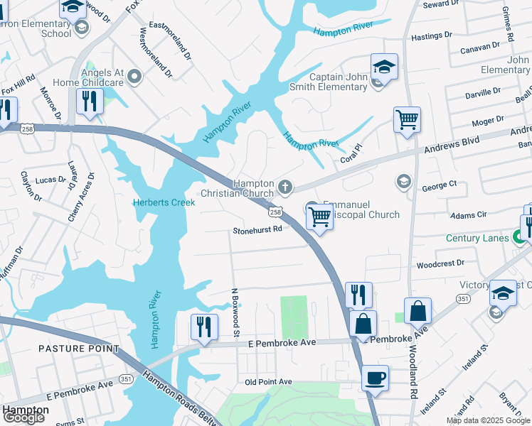 map of restaurants, bars, coffee shops, grocery stores, and more near 158 East Mercury Boulevard in Hampton