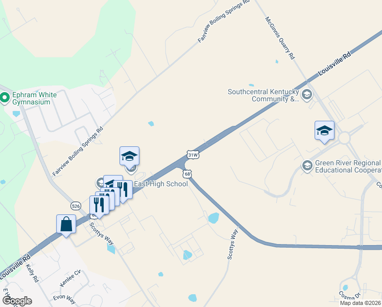 map of restaurants, bars, coffee shops, grocery stores, and more near 7253 Louisville Road in Bowling Green