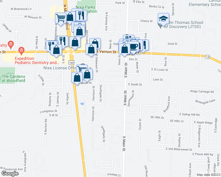 map of restaurants, bars, coffee shops, grocery stores, and more near 409 South Thompson Street in Nixa