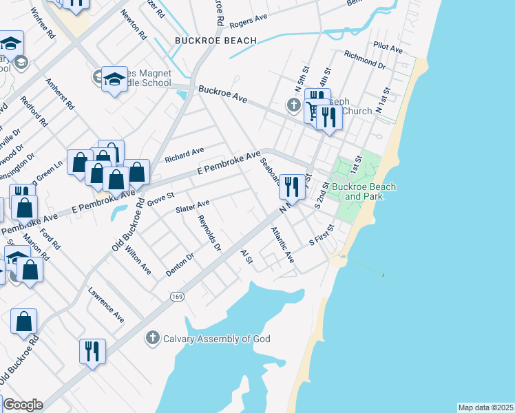 map of restaurants, bars, coffee shops, grocery stores, and more near 317 Atlantic Avenue in Hampton