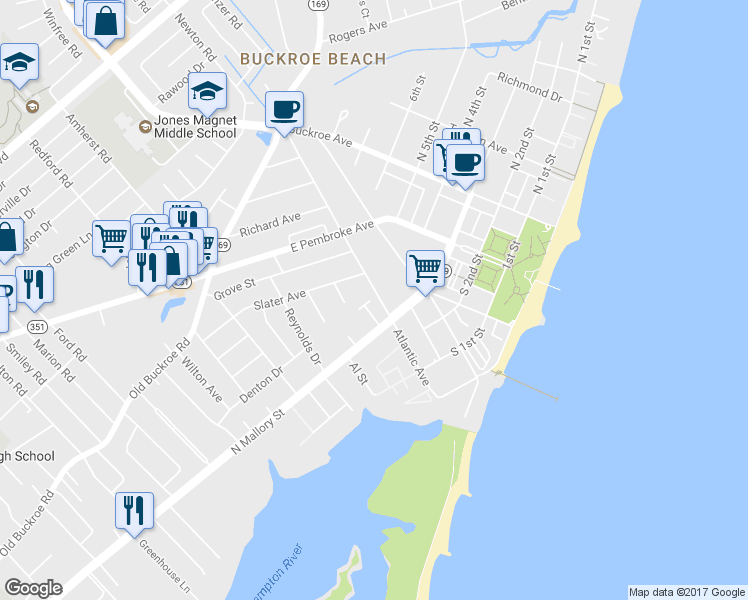 map of restaurants, bars, coffee shops, grocery stores, and more near 317 Atlantic Avenue in Hampton