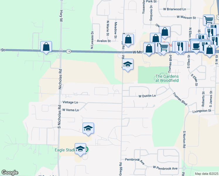 map of restaurants, bars, coffee shops, grocery stores, and more near 406 Mockingbird Lane in Nixa