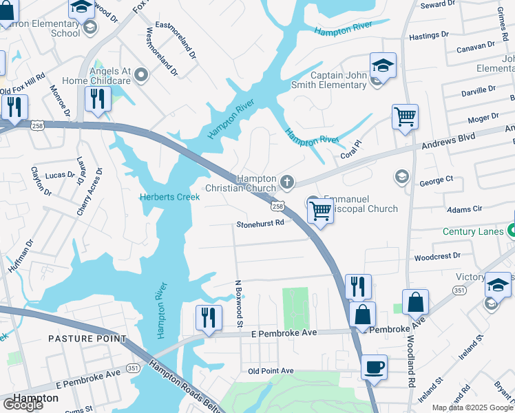 map of restaurants, bars, coffee shops, grocery stores, and more near 152 East Mercury Boulevard in Hampton