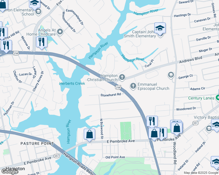 map of restaurants, bars, coffee shops, grocery stores, and more near 152 East Mercury Boulevard in Hampton