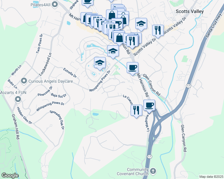 map of restaurants, bars, coffee shops, grocery stores, and more near 123 Arabian Way in Scotts Valley