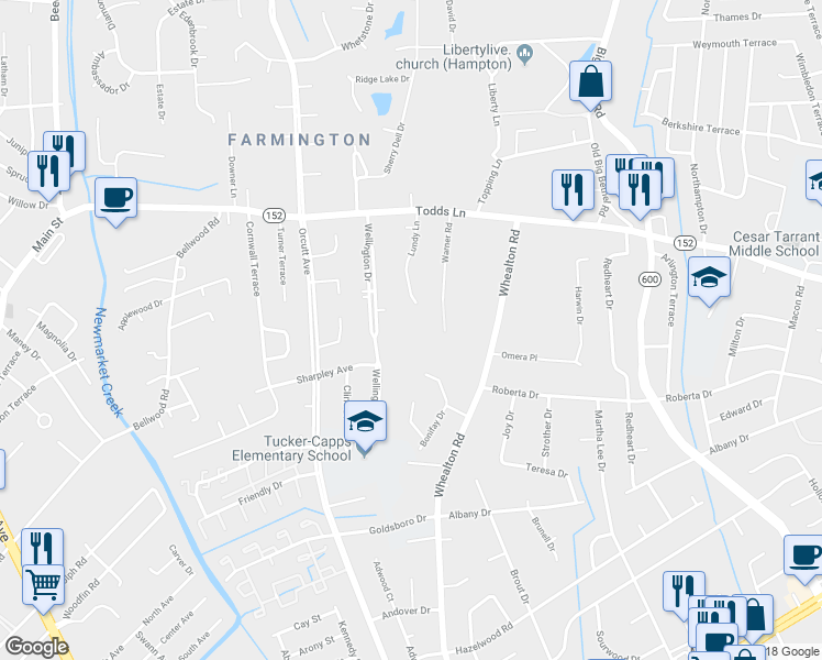 map of restaurants, bars, coffee shops, grocery stores, and more near 23 Cordova Drive in Hampton