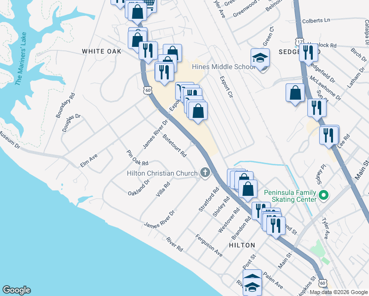 map of restaurants, bars, coffee shops, grocery stores, and more near 116 Botetourt Road in Newport News