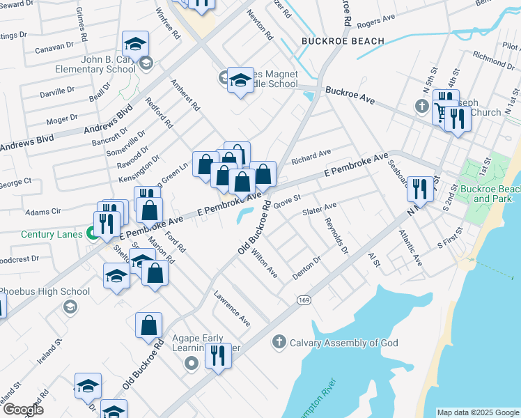 map of restaurants, bars, coffee shops, grocery stores, and more near 1413 Old Buckroe Road in Hampton