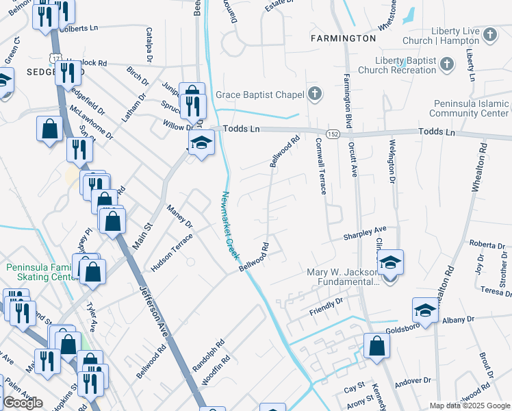 map of restaurants, bars, coffee shops, grocery stores, and more near 6 Rainbow Court in Hampton