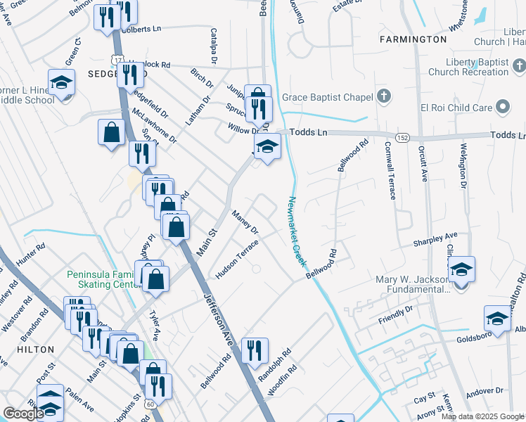 map of restaurants, bars, coffee shops, grocery stores, and more near 6 Terrace Circle in Newport News