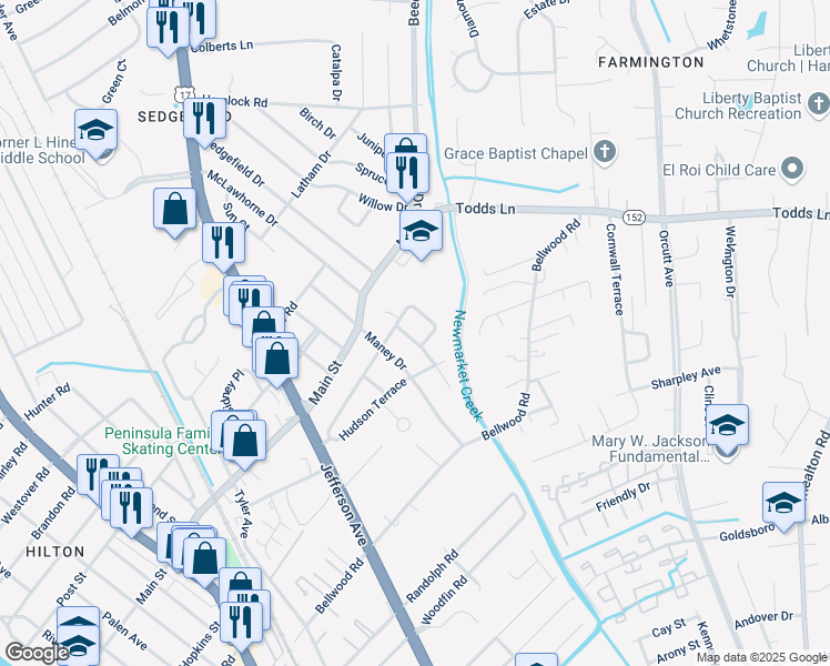 map of restaurants, bars, coffee shops, grocery stores, and more near 6 Terrace Circle in Newport News