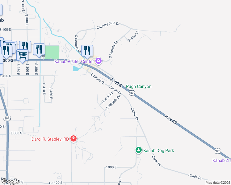 map of restaurants, bars, coffee shops, grocery stores, and more near 831 Rocky Road in Kanab