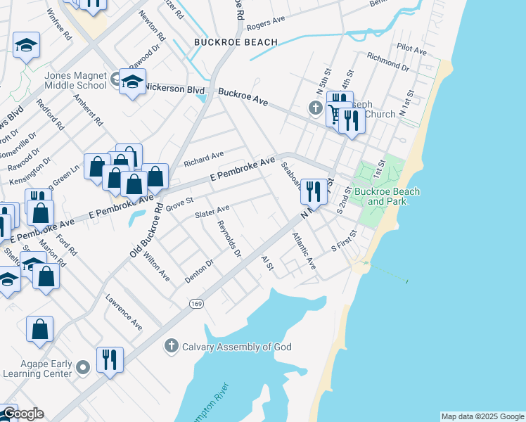 map of restaurants, bars, coffee shops, grocery stores, and more near 326 Mary Street in Hampton