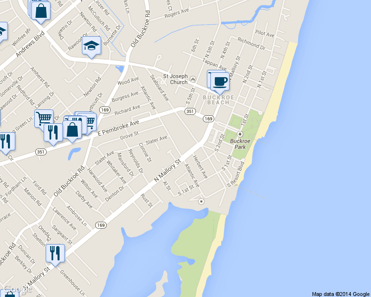 map of restaurants, bars, coffee shops, grocery stores, and more near 1707 North Mallory Street in Hampton