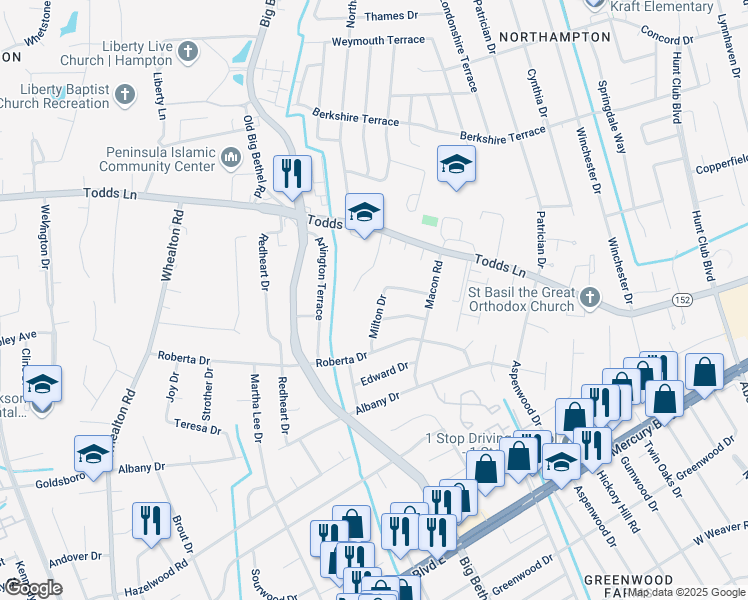 map of restaurants, bars, coffee shops, grocery stores, and more near 715 Milton Drive in Hampton