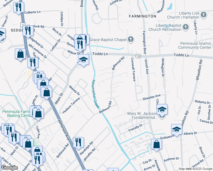 map of restaurants, bars, coffee shops, grocery stores, and more near 6 Rainbow Court in Hampton