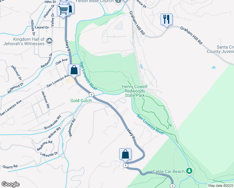 map of restaurants, bars, coffee shops, grocery stores, and more near 105 Beth Drive in Felton