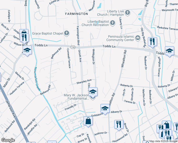 map of restaurants, bars, coffee shops, grocery stores, and more near 14 Patriot Crescent in Hampton