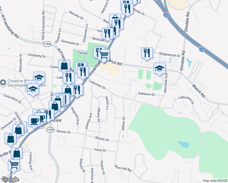 map of restaurants, bars, coffee shops, grocery stores, and more near 330 Lakeview Drive in Paducah