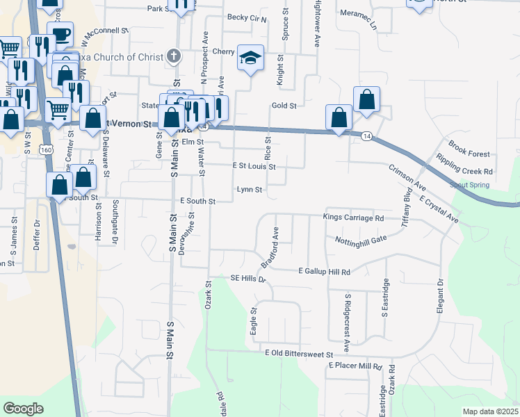 map of restaurants, bars, coffee shops, grocery stores, and more near 573 Stoney Path in Nixa