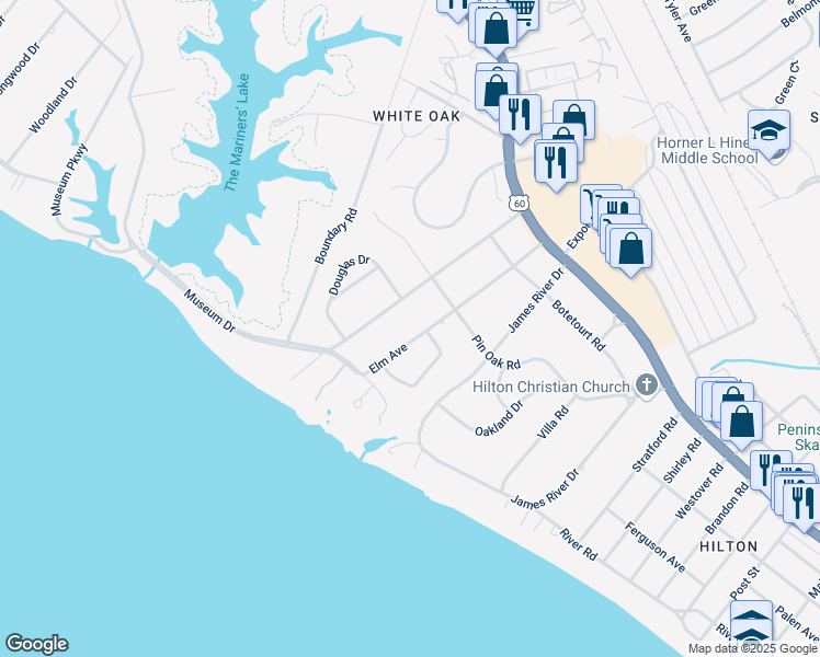 map of restaurants, bars, coffee shops, grocery stores, and more near 23 Elm Avenue in Newport News