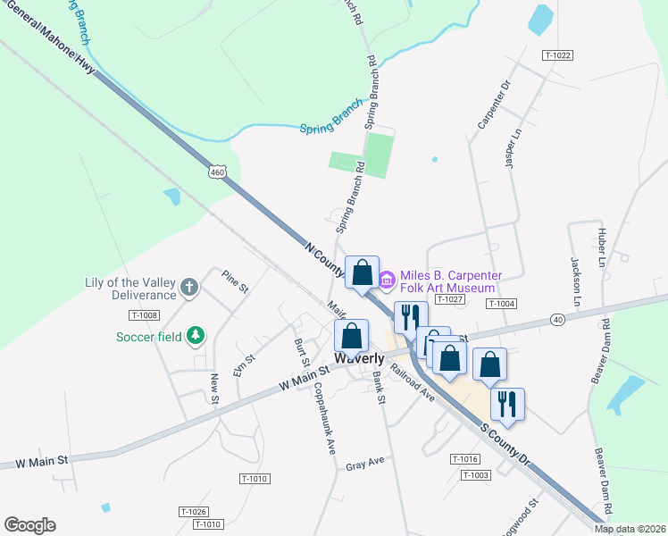 map of restaurants, bars, coffee shops, grocery stores, and more near U.S. 460 in Waverly