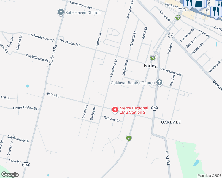 map of restaurants, bars, coffee shops, grocery stores, and more near 1401-1633 Meacham Avenue in Paducah