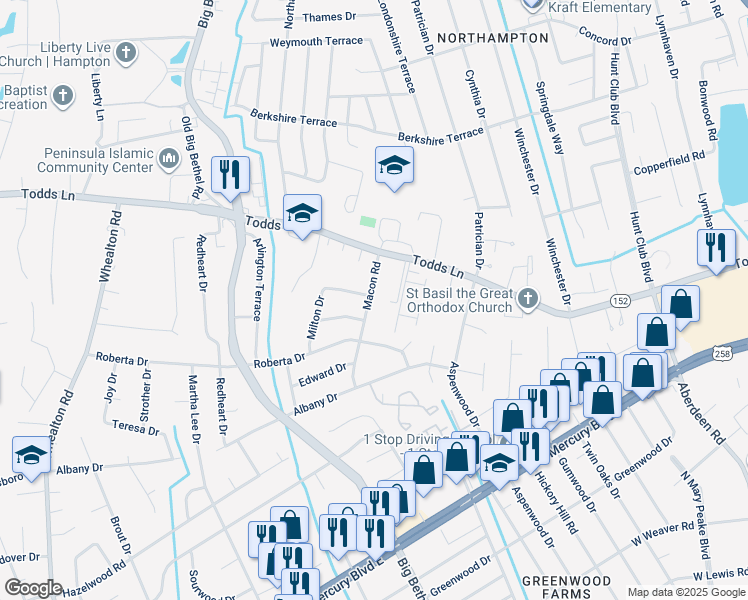 map of restaurants, bars, coffee shops, grocery stores, and more near 712 Macon Road in Hampton
