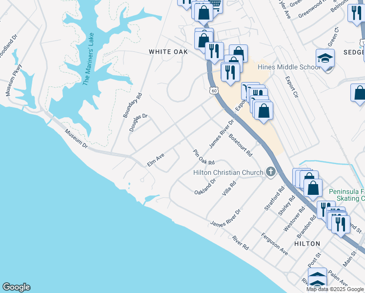map of restaurants, bars, coffee shops, grocery stores, and more near 32 Elm Avenue in Newport News