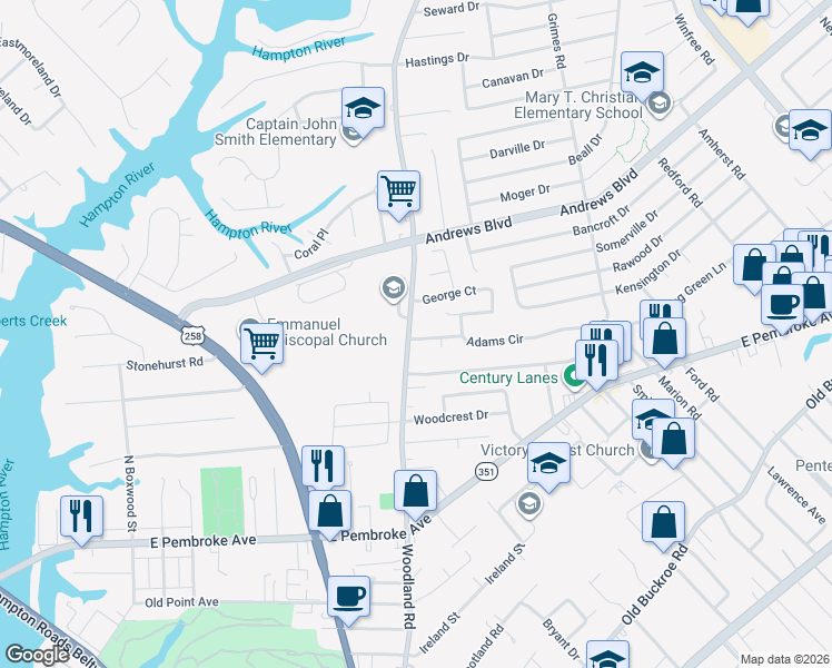 map of restaurants, bars, coffee shops, grocery stores, and more near 1401 Adams Circle in Hampton