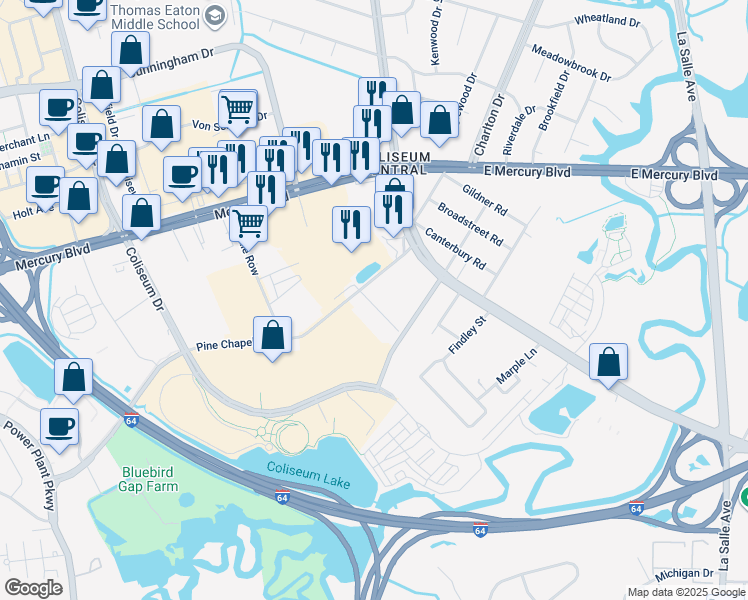 map of restaurants, bars, coffee shops, grocery stores, and more near 212 Pine Chapel Road in Hampton
