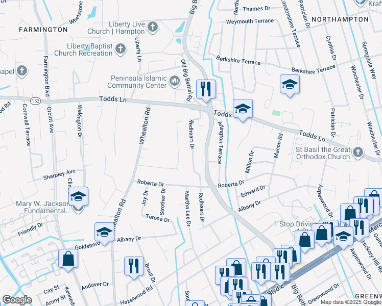map of restaurants, bars, coffee shops, grocery stores, and more near 803 Redheart Drive in Hampton