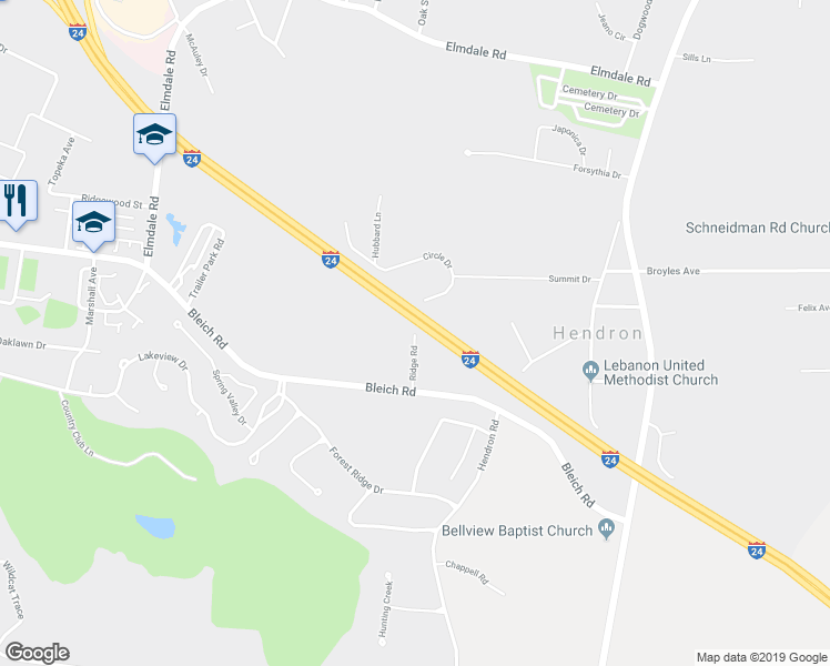 map of restaurants, bars, coffee shops, grocery stores, and more near Ridge Road in Paducah